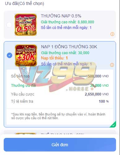 Hướng dẫn nhận ưu đãi khi nạp tiền VZ99